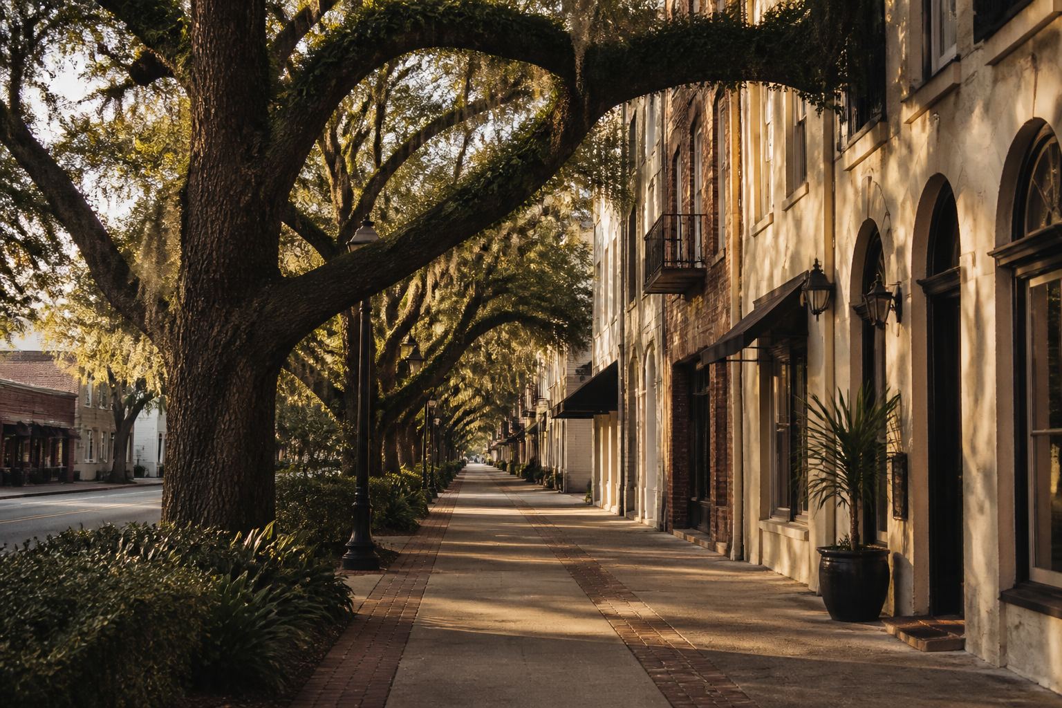 Live oaks shading storefronts on a North Florida street