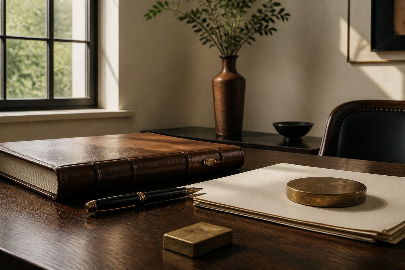 Open ledger and papers on a quiet wooden desk