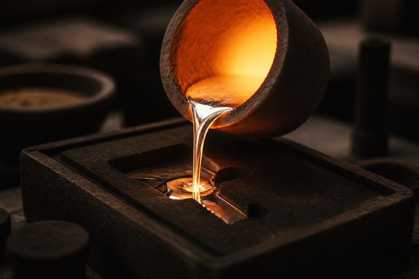 Molten metal poured into a foundry mold